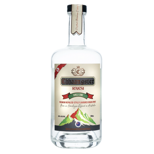 Bottle of Chhaagster Raksi with a label on a white background