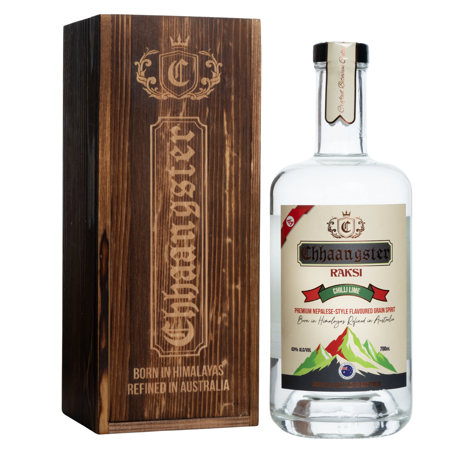 Chhaangster Raksi bottle and wooden box on a white background