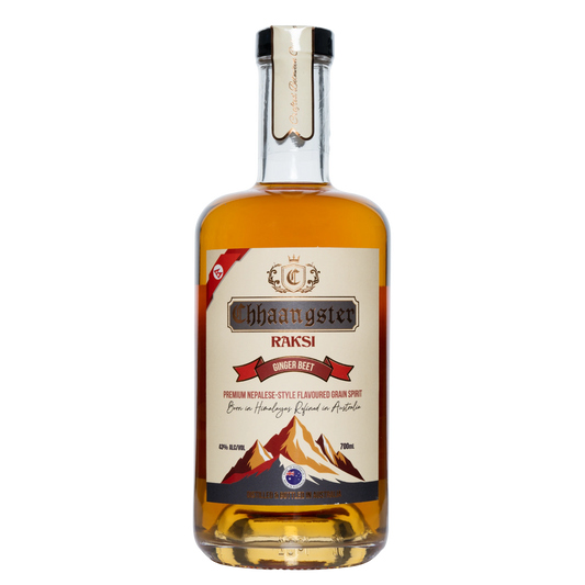 Bottle of Chaangster Raksi with a mountain design on the label against a white background