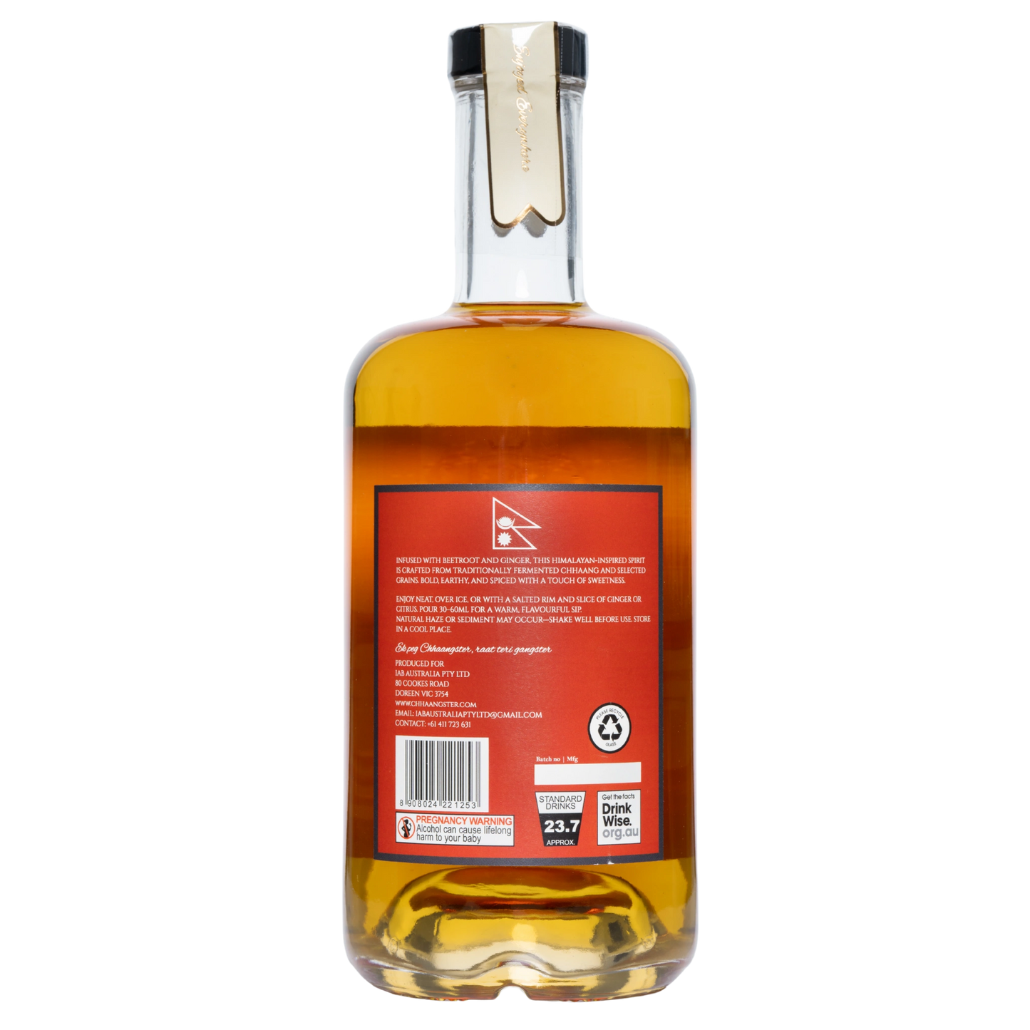 Bottle of Chhaansgter with a red label on a transparent background
