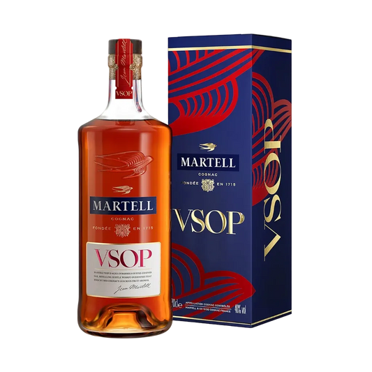 Martell VSOP cognac bottle and packaging on a white background