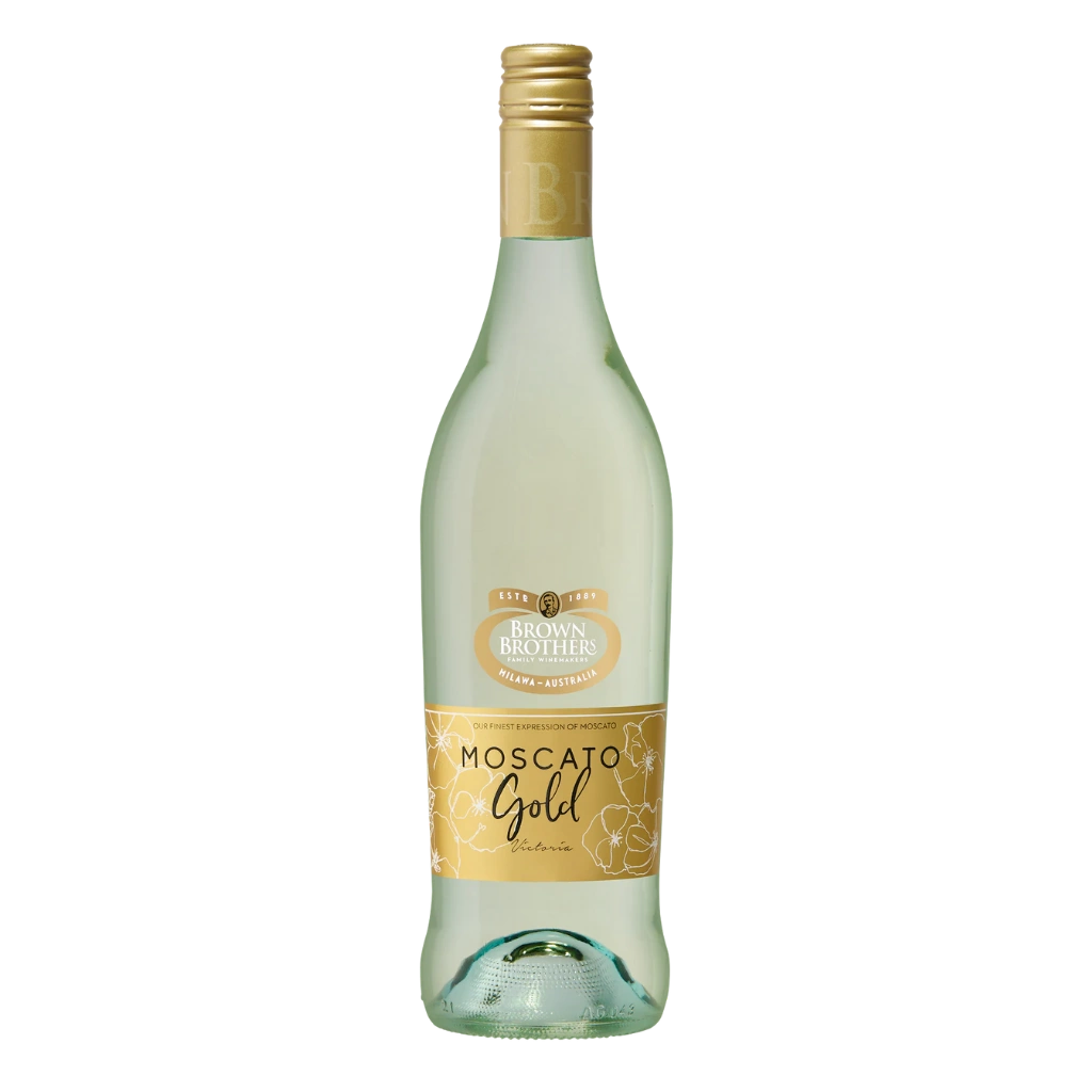 Bottle of Moscato Gold wine with a gold label on a white background