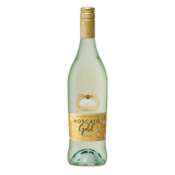 Bottle of Moscato Gold wine with a gold label on a white background