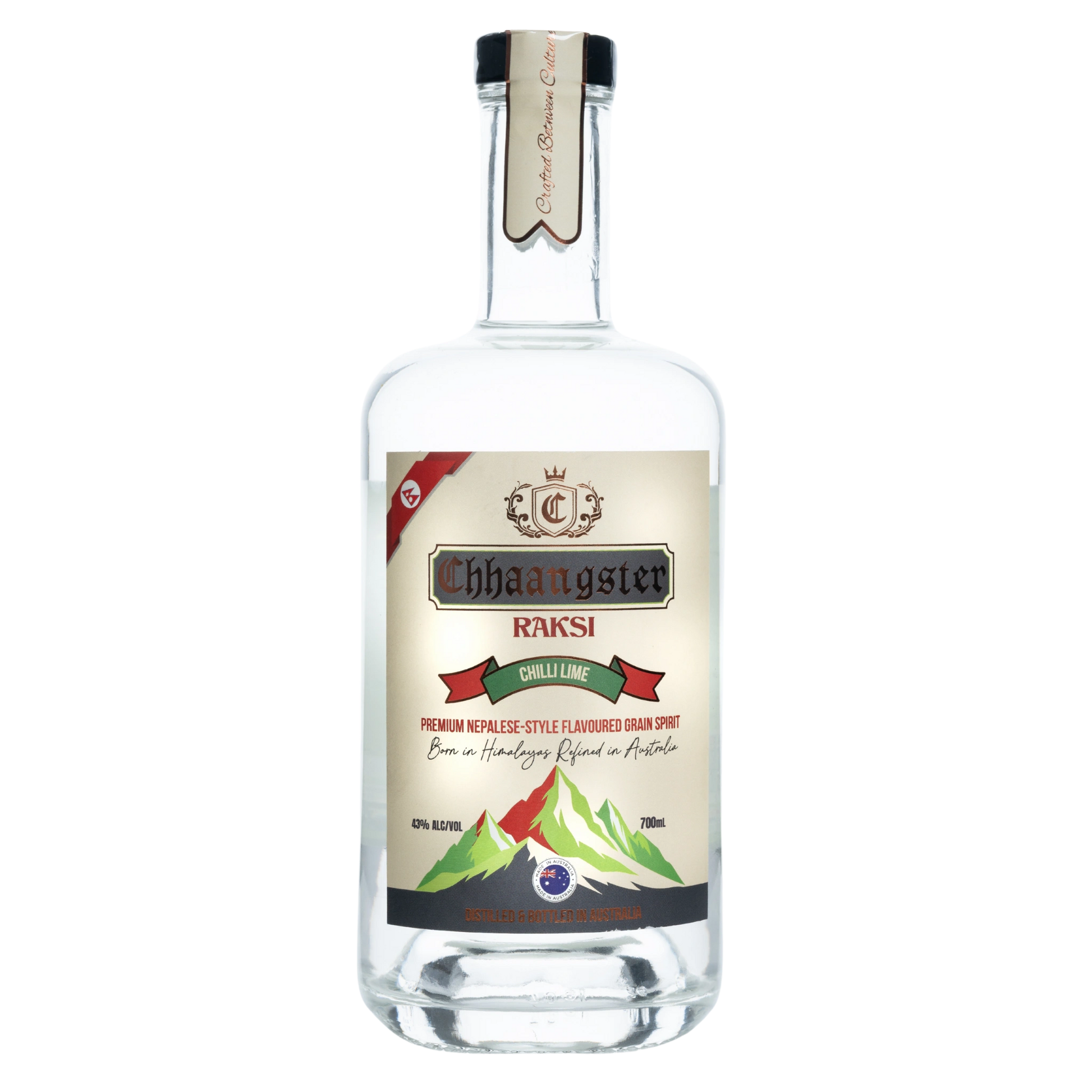 Bottle of Chhaagster Raksi with a label on a white background