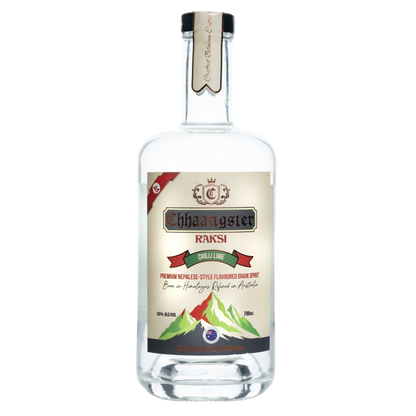 Bottle of Chhaagster Raksi with a label on a white background