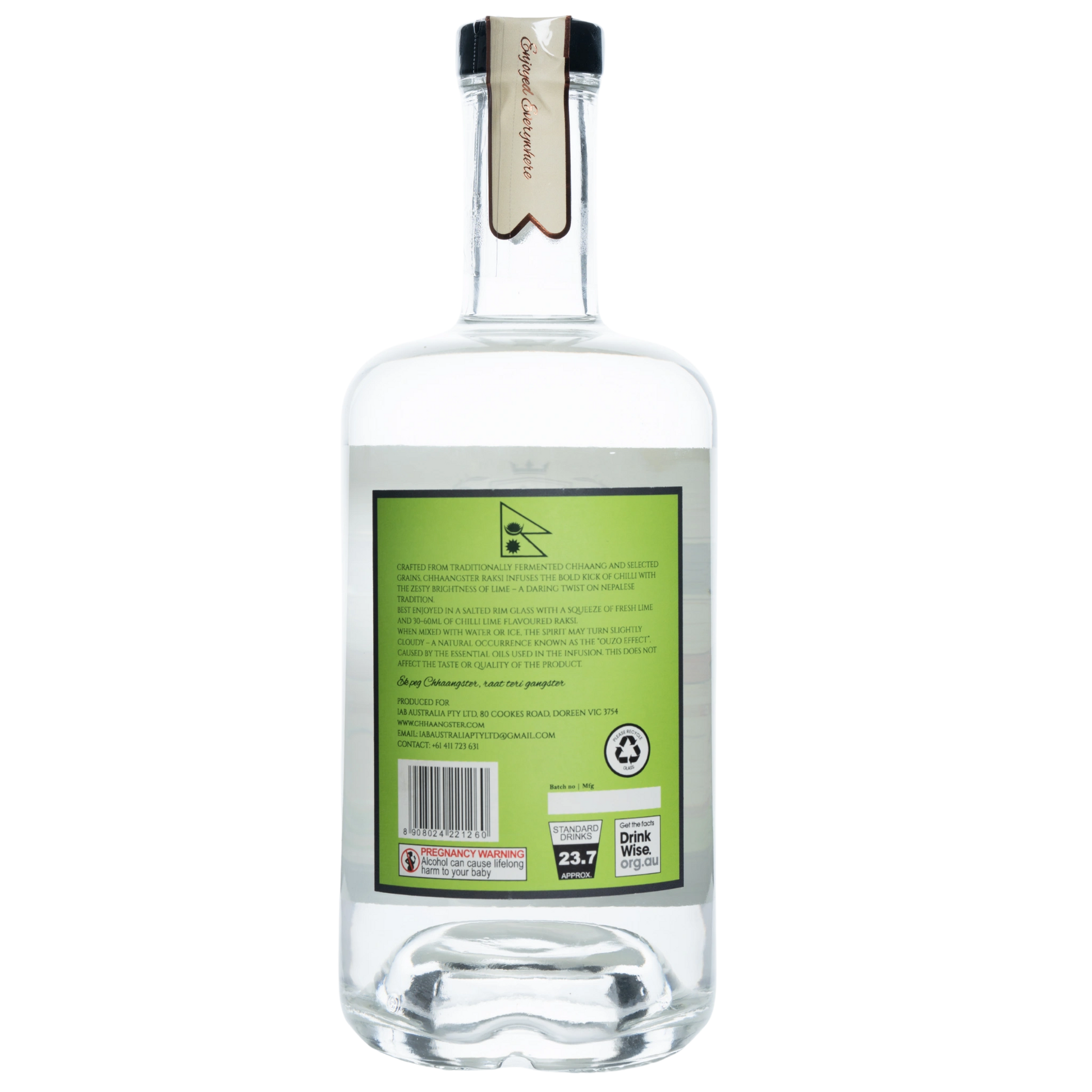 Clear bottle with a green label on a white background