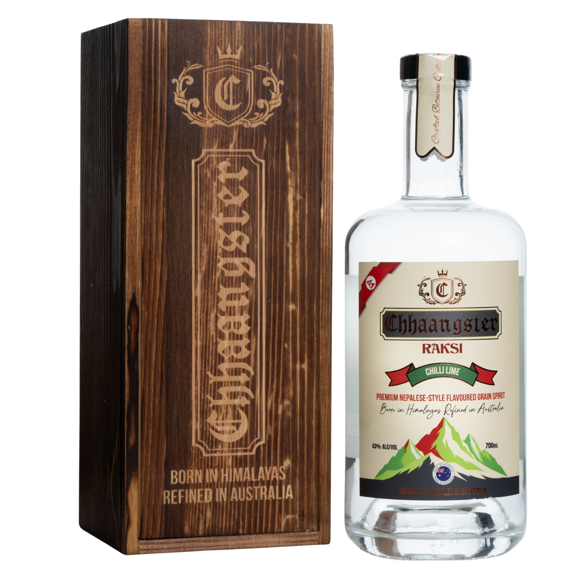 Chhaangster Raksi bottle and wooden box on a white background