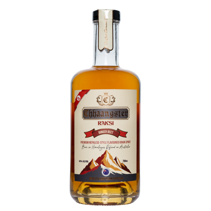 Bottle of Chaangster Raksi with a mountain design on the label against a white background