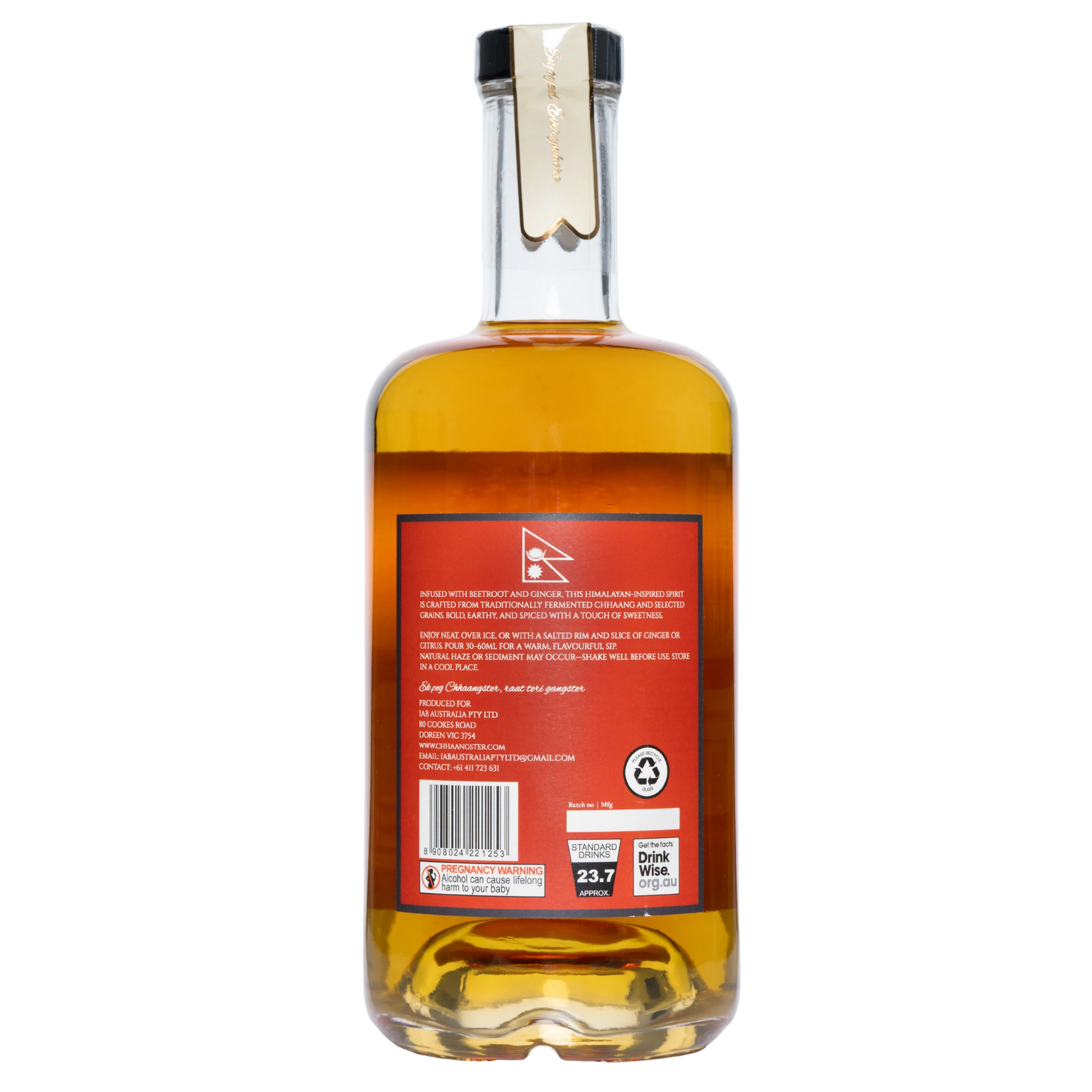 Bottle of Chhaansgter  with a red label on a transparent background