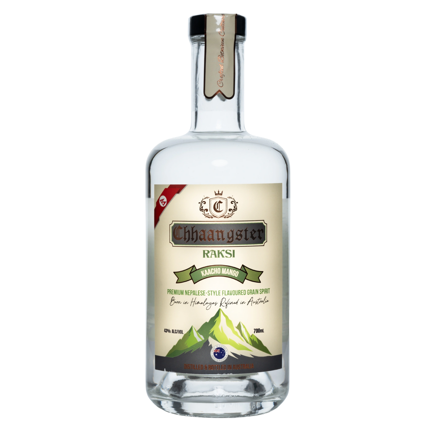 Bottle of Chiangster Raksi with a label on a white background