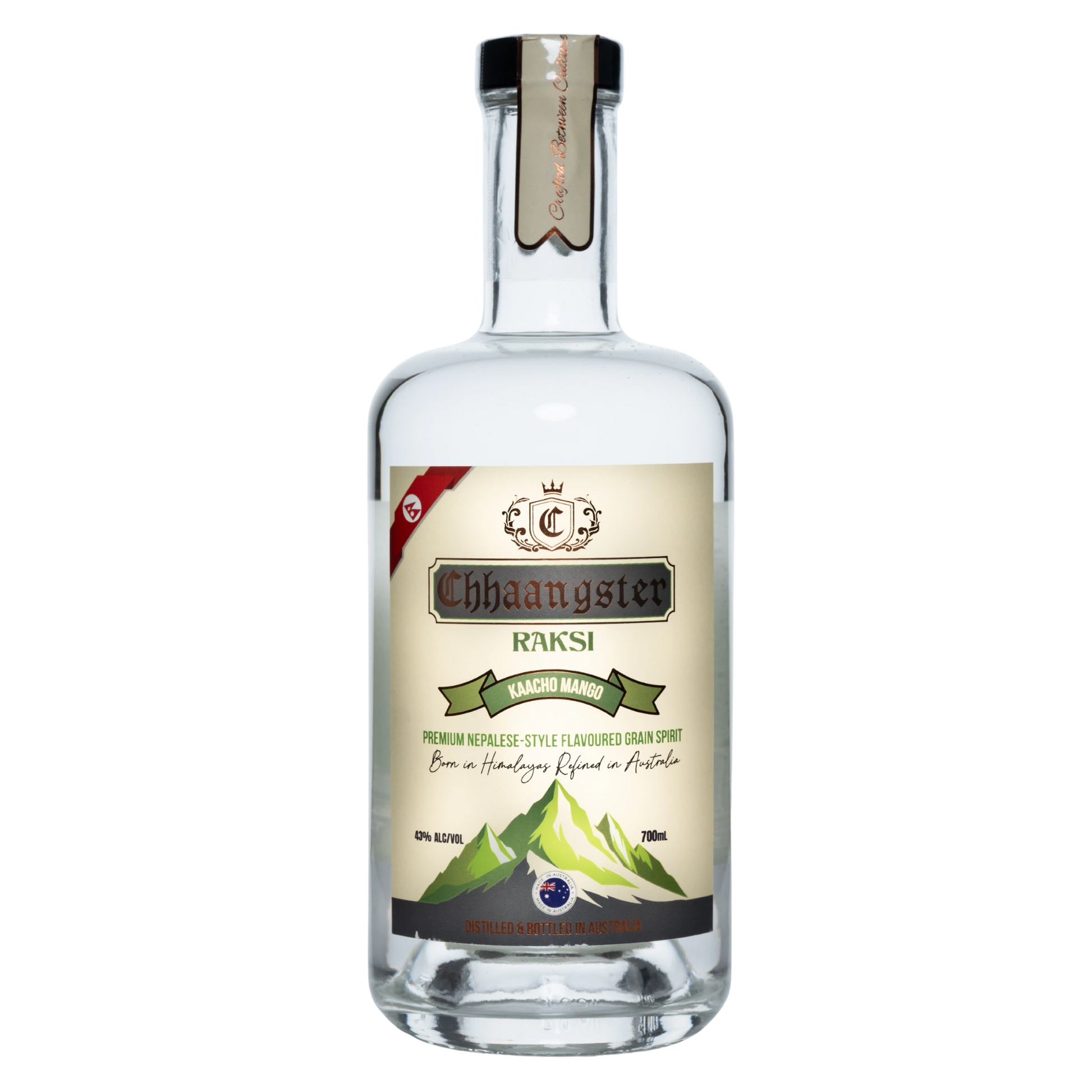 Bottle of Chiangster Raksi with a label on a white background