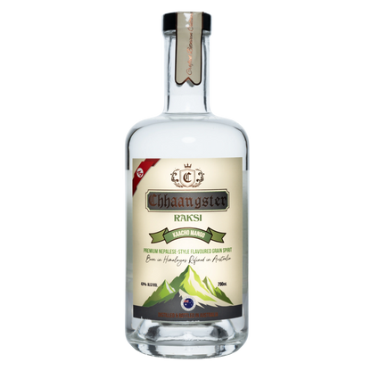 Bottle of Chiangster Raksi with a label on a white background