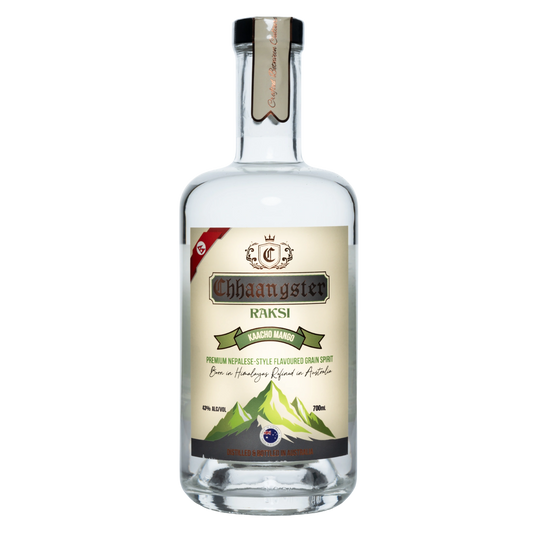 Bottle of Chiangster Raksi with a label on a white background