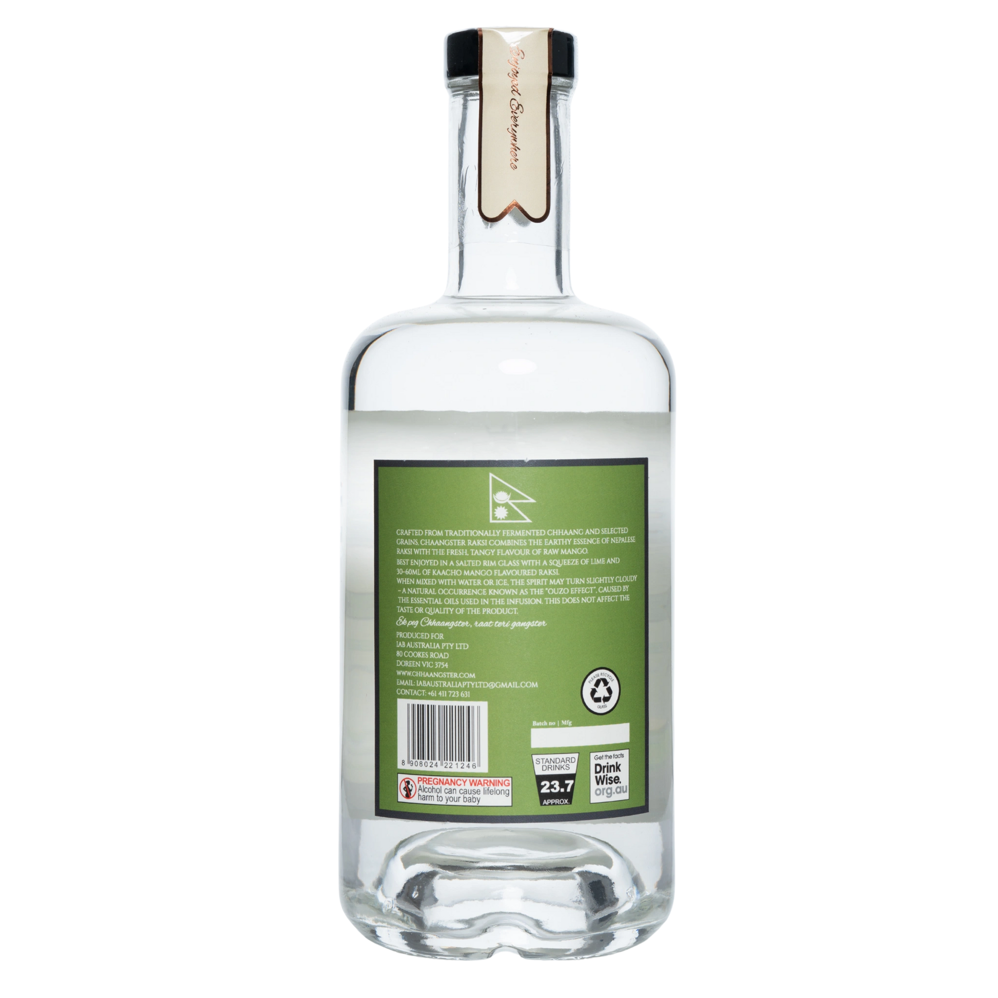 Clear glass bottle with a green label on a white background