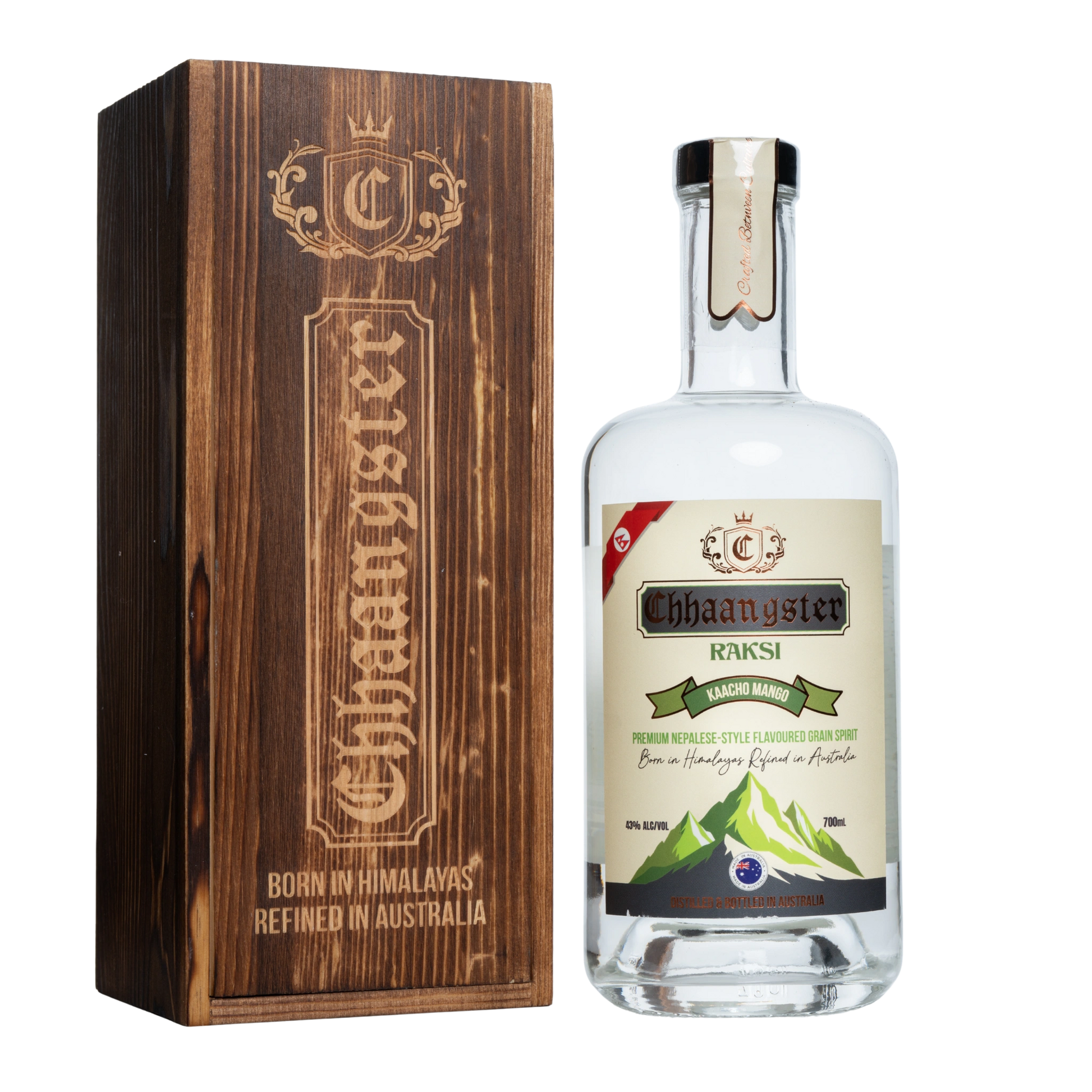 Bottle of Chhaangster Raksi with wooden box on a white background