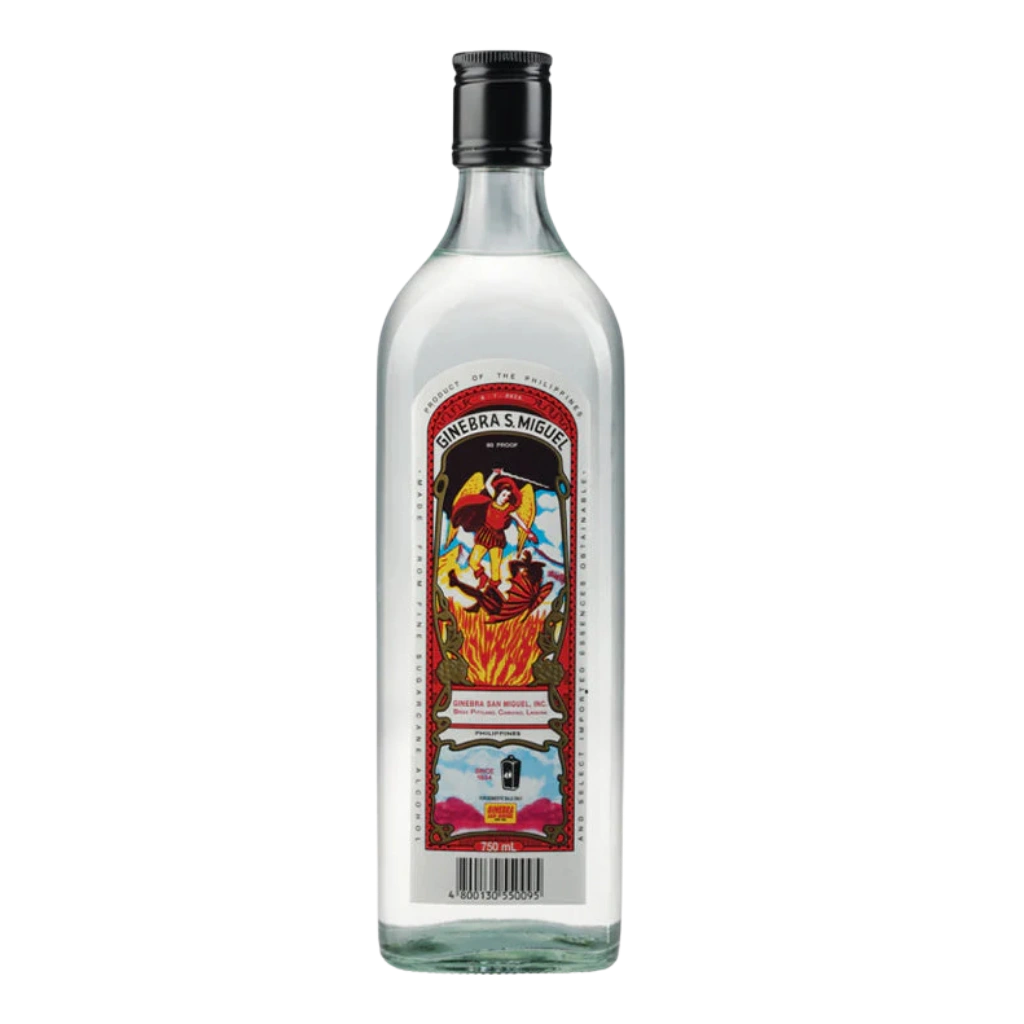 Bottle of Guerra y Miguel tequila with colorful label on a white background