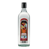 Bottle of Guerra y Miguel tequila with colorful label on a white background